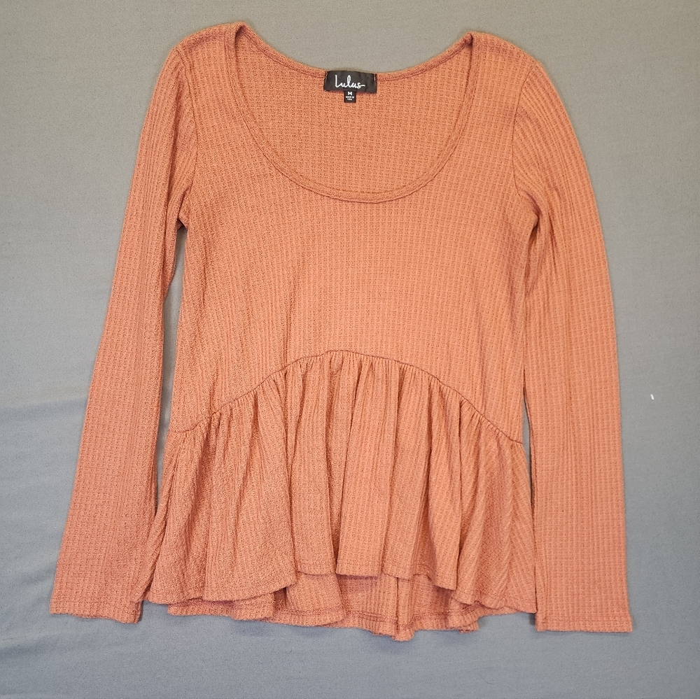 Lulus Rust Orange Waffle‎ Knit Peplum Top Long Sleeve Thermal Scoop Neck Medium